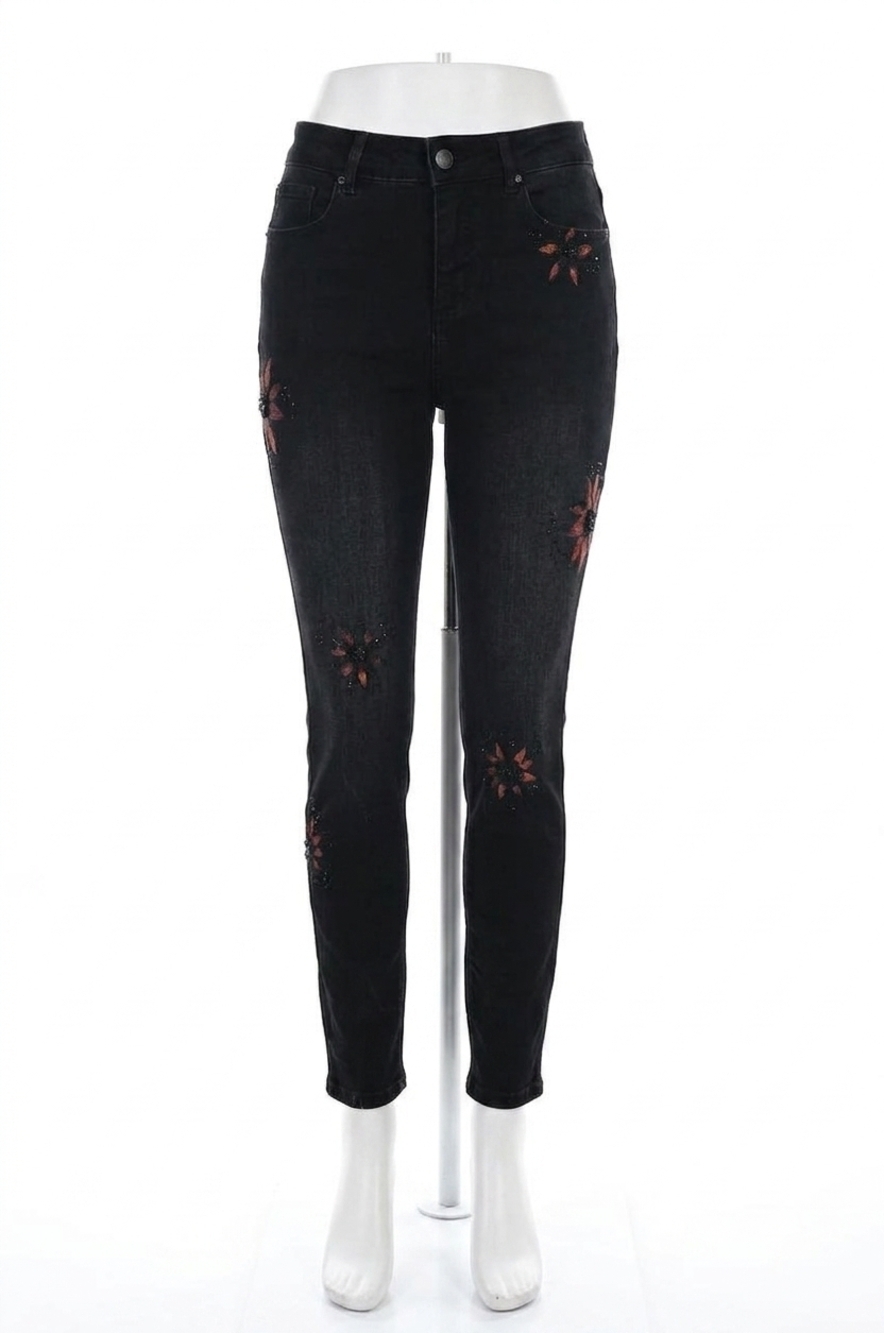 NEW FRANK LYMAN bettany painted foral denim jeans in black and magenta